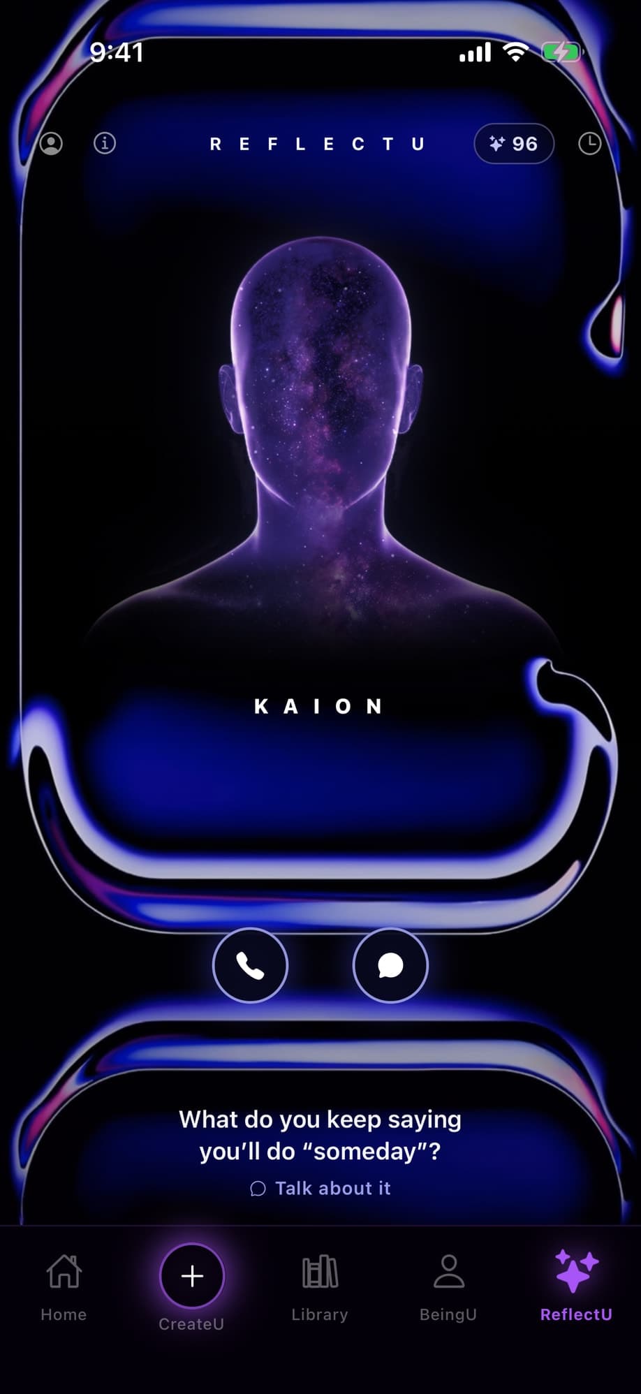 ReflectU — Kaion in the mirror, with the call and text buttons and a line he asks you