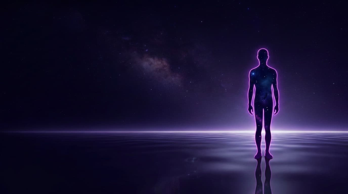 Kaion standing on still water, a galaxy inside him