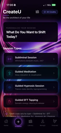 ProgramU CreateU session types — Subliminal, Meditation, Hypnosis, EFT Tapping